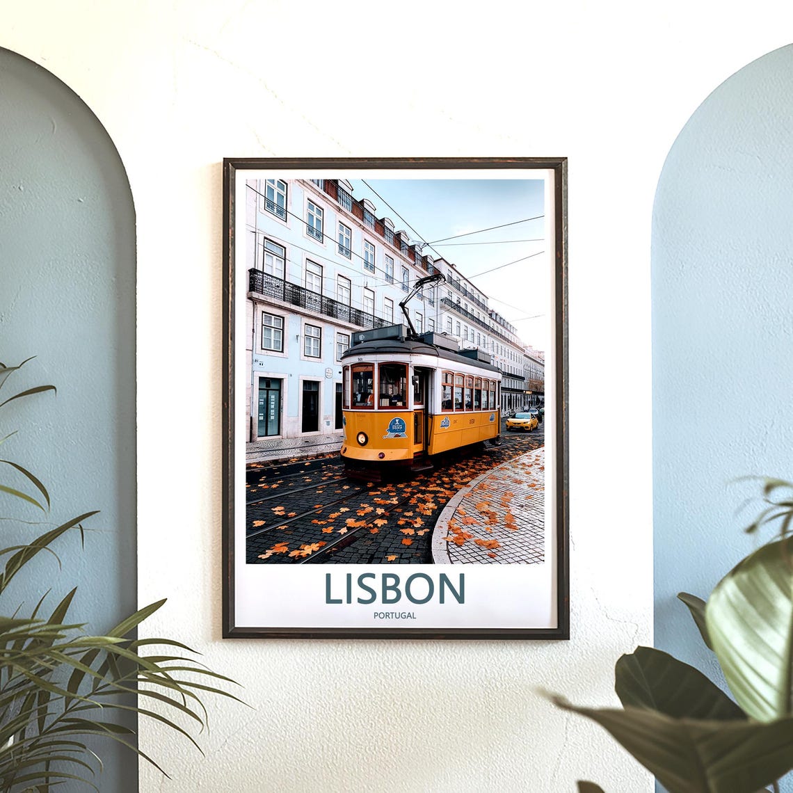 Lisbon Yellow Tram on a Leafy Autumn Street With Balconies Poster - Image 3