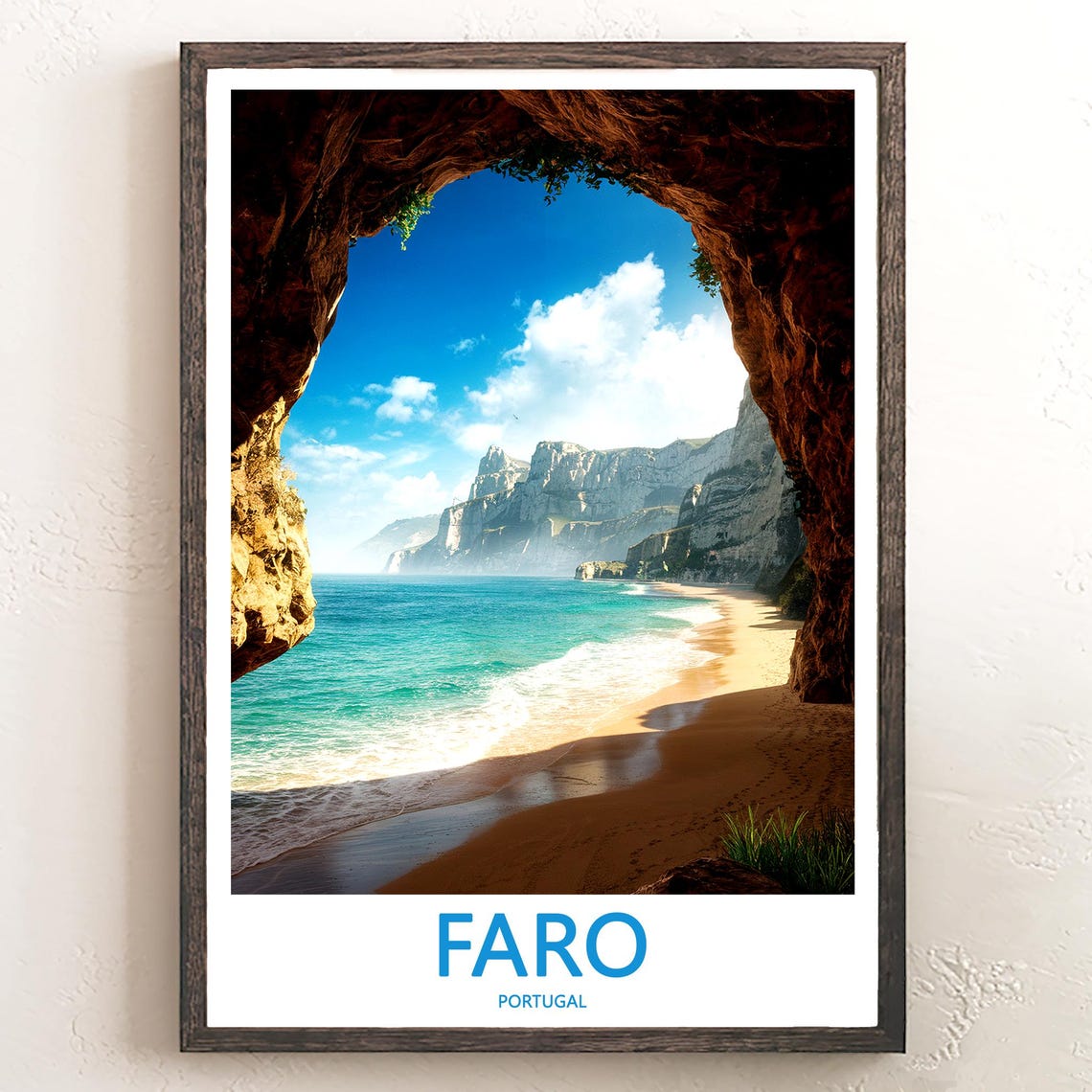 Faro Portugal Sea Cave View of Golden Beach and Towering Cliffs Poster