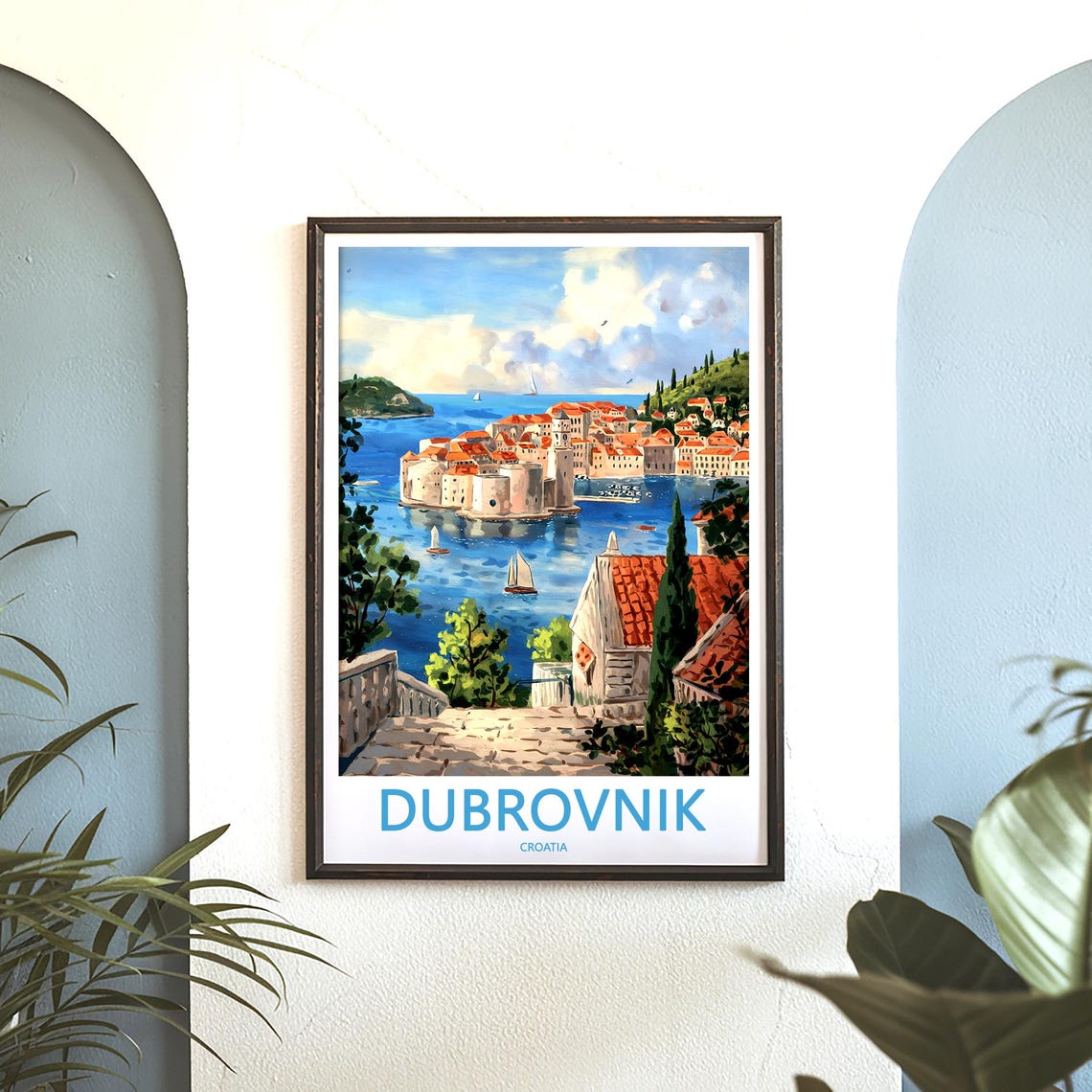 Dubrovnik Stone Staircase Harbor Sailboats Illustration Travel Poster - Image 3