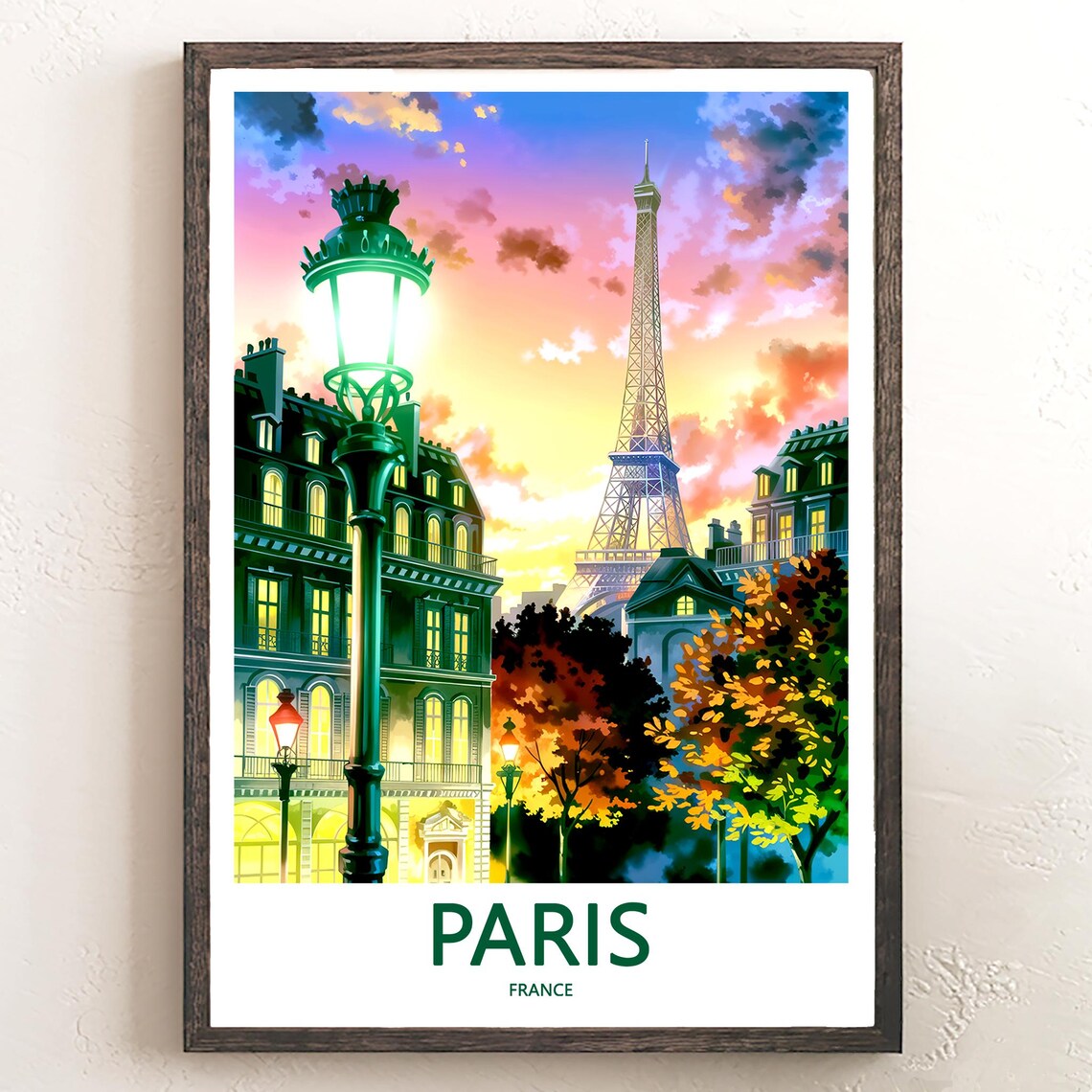 Eiffel Tower Twilight Glowing Green Street Lamp Paris France Poster