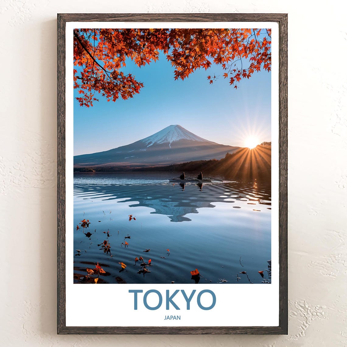 Mount Fuji Across a Calm Lake at Sunrise Under Red Maples Poster