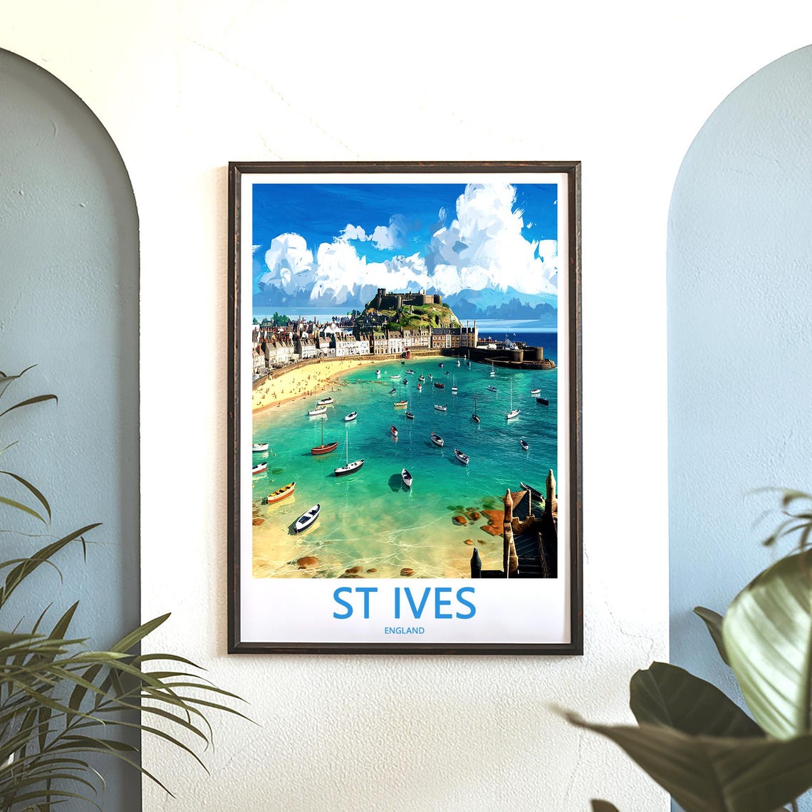 St Ives England Turquoise Harbor Boats and Hilltop Castle Poster - Image 3