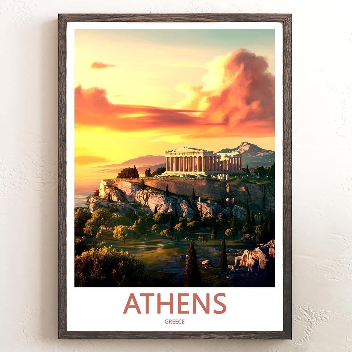Athens Acropolis Fiery Sunset Mountains Landscape Illustrated Poster