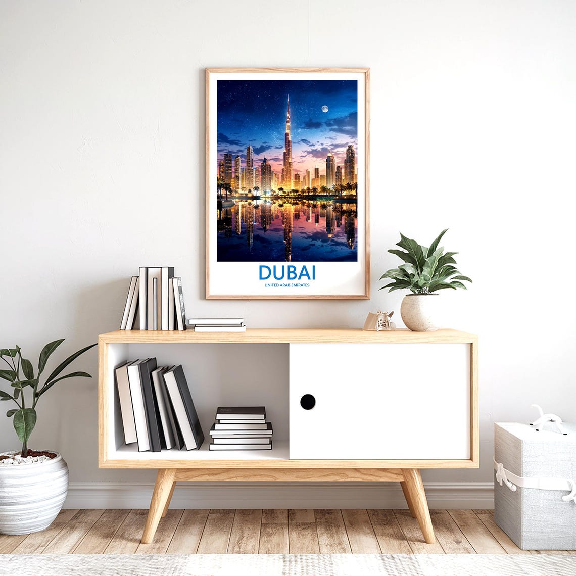 Dubai Dusk Skyline Mirror Reflection Under Small Moon Travel Poster - Image 2