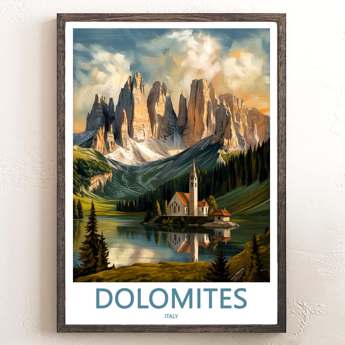 Dolomites Sunset Peaks with Church Lake Reflection Travel Poster