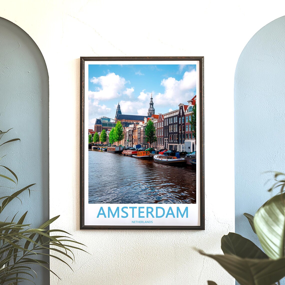 Amsterdam Canal Sunny Day Boats Church Spire Photography Poster - Image 3