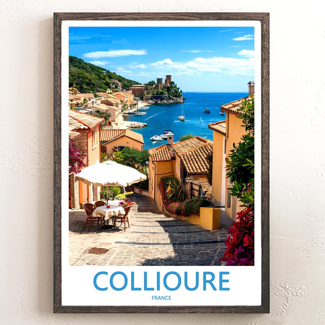 Collioure France Sunny Old Town Harbor Castle Cliff Photo Poster