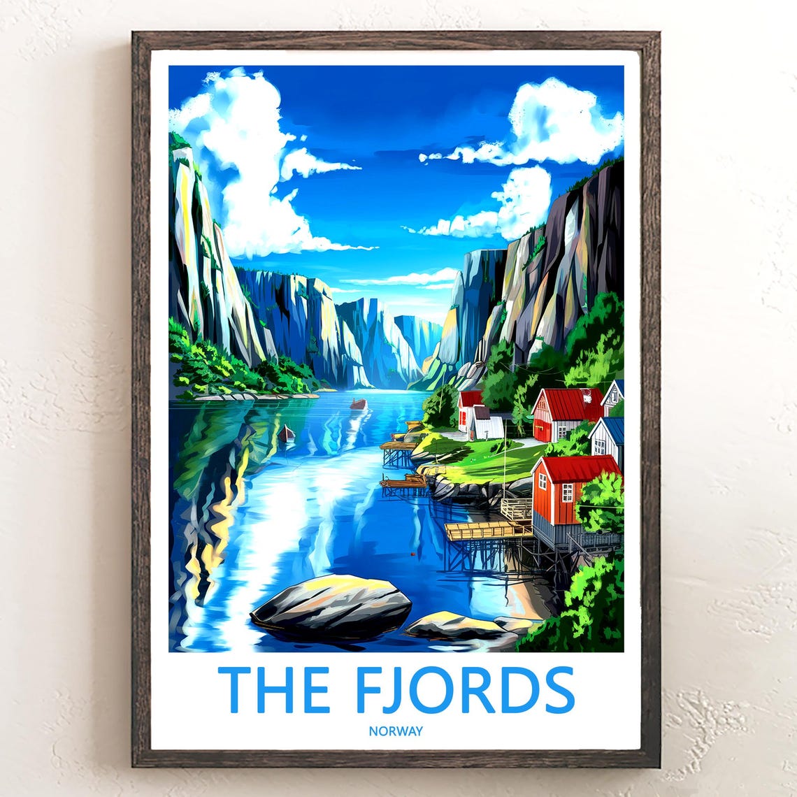 The Fjords Norway Red Cabins Towering Cliffs Illustration Poster
