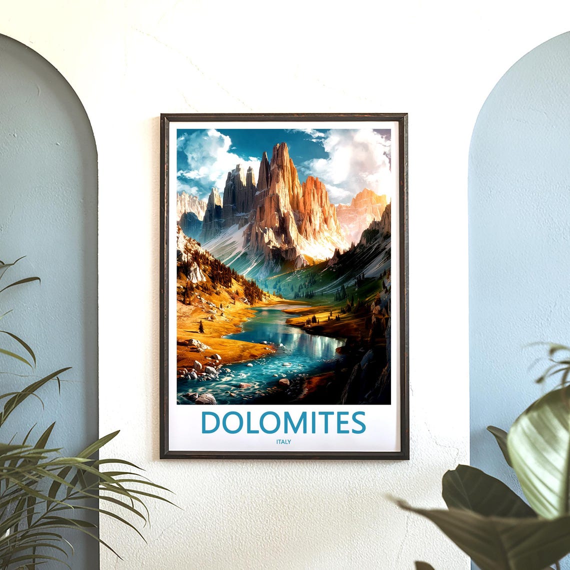 Dolomites Tall Spires over Turquoise River Italy Travel Poster - Image 3