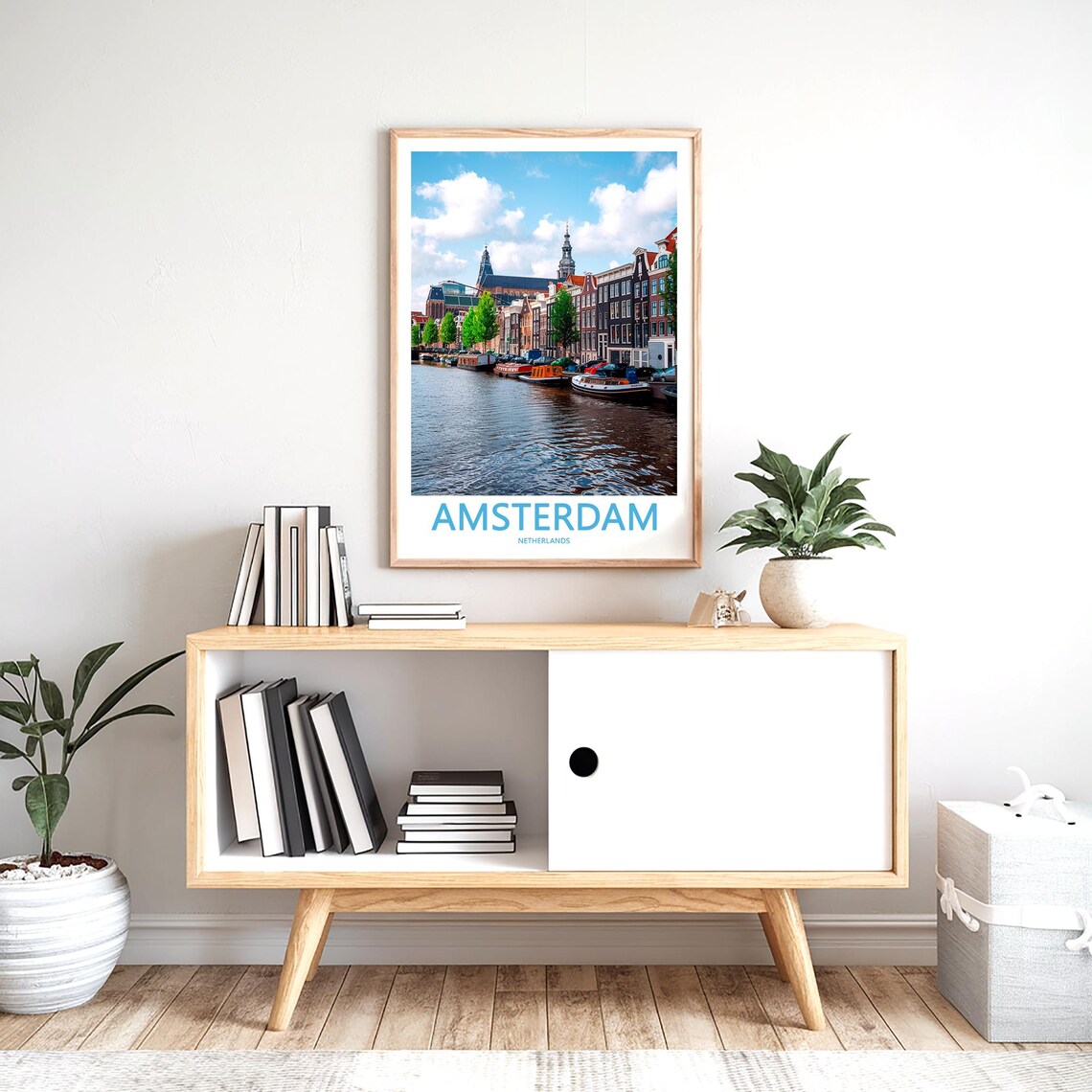 Amsterdam Canal Sunny Day Boats Church Spire Photography Poster - Image 2