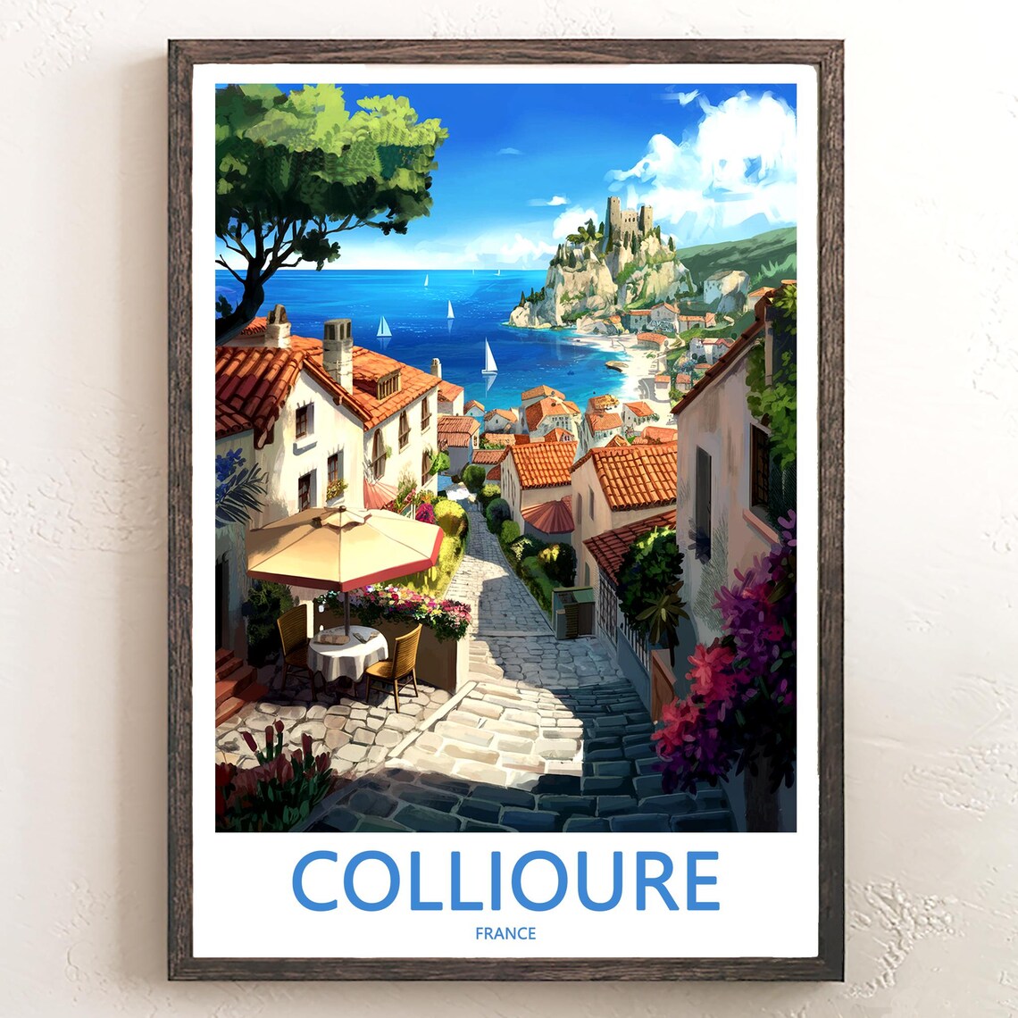 Collioure Coastal Town Street and Sailboats France Travel Poster