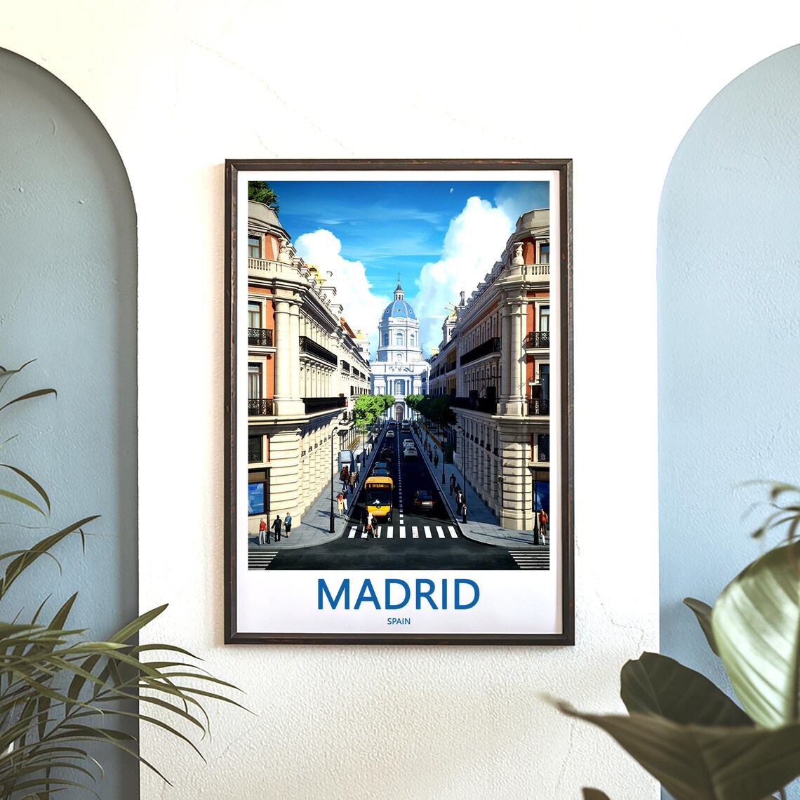 Madrid Blue Domed Church Busy Street Yellow Bus Scene Poster - Image 3