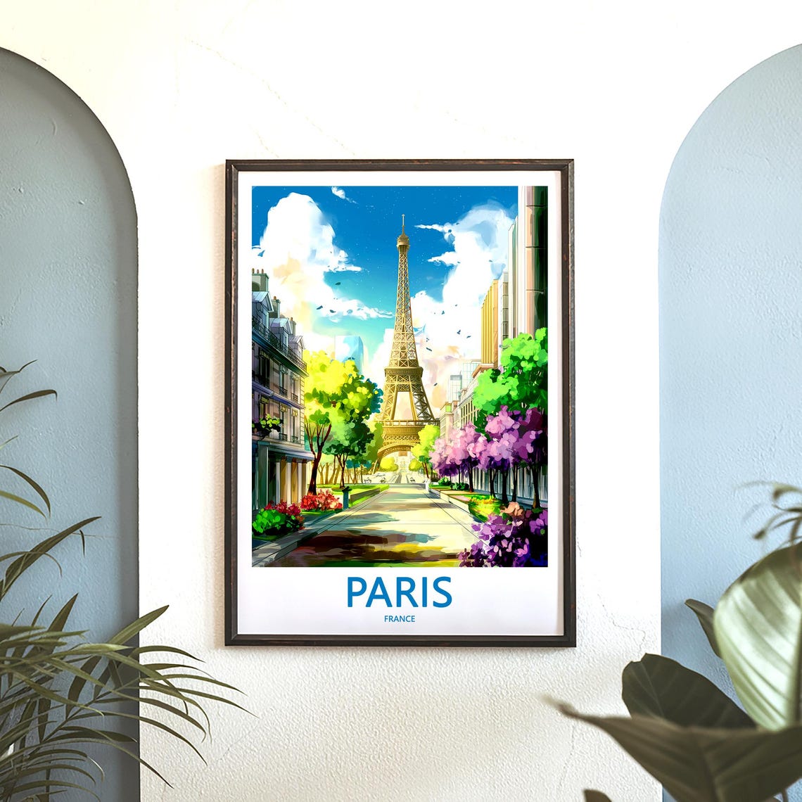 Eiffel Tower Spring Boulevard Purple Blossom Trees Paris Poster - Image 3