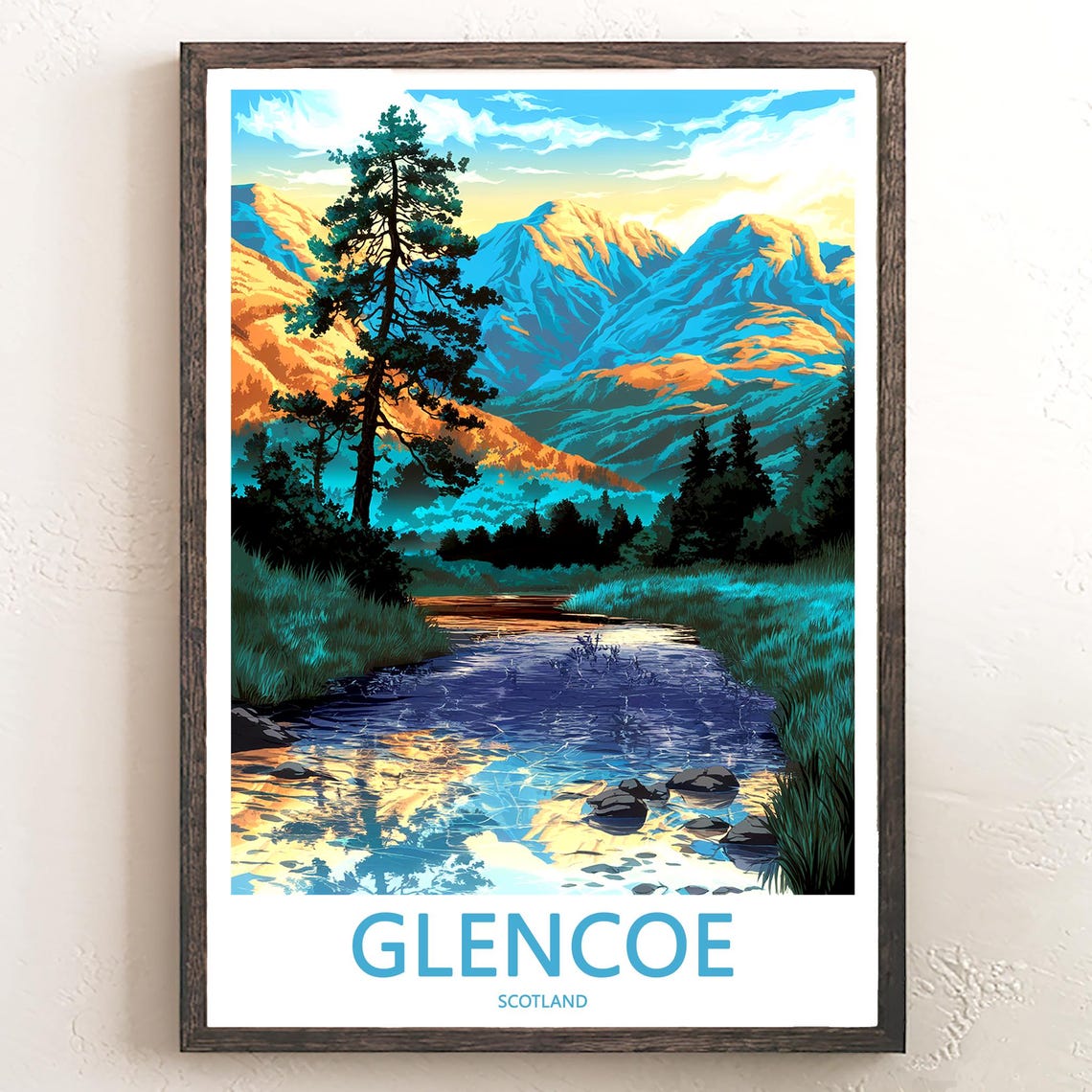 Glencoe Scotland Pine Stream Glowing Mountain Vista View Poster