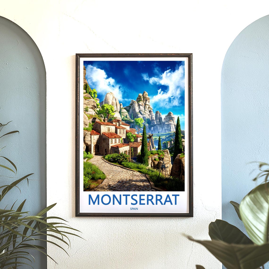 Montserrat Stone Village Path Beneath the Rocky Peaks Poster - Image 3