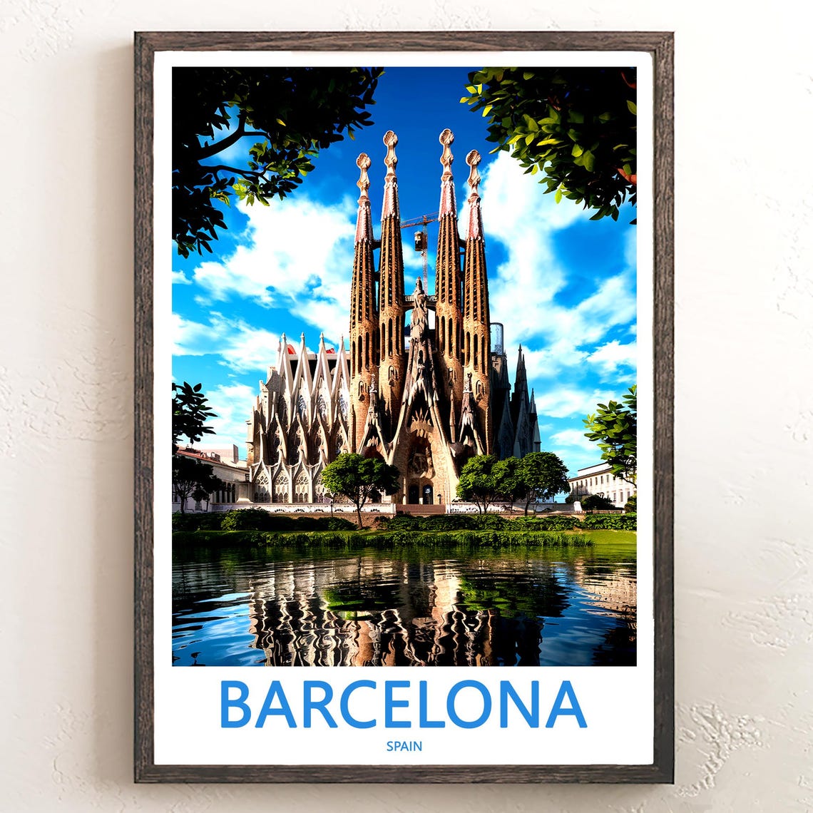 Barcelona Sagrada Familia Water Reflection Branch Frame Travel Poster