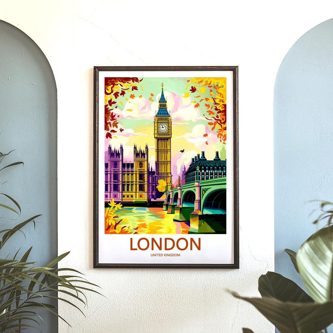 Big Ben and Westminster Bridge Retro Autumn Travel Art Poster - Image 3