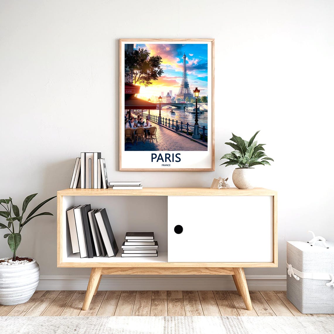 Seine Riverside Cafe at Sunset with Eiffel Tower and Tour Boats Poster - Image 2