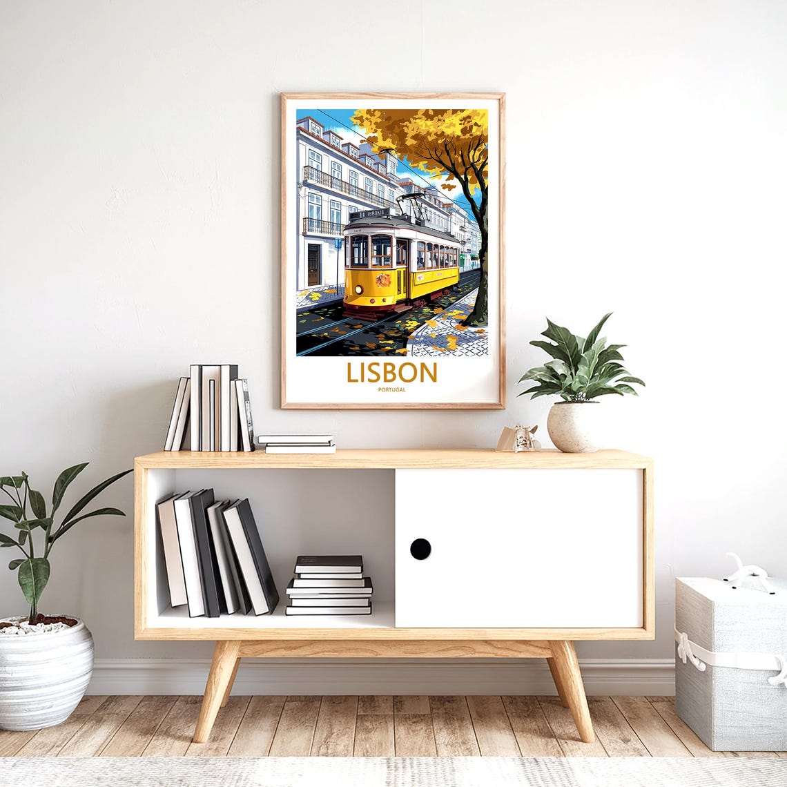 Lisbon Yellow Tram in Autumn With Golden Leaves Scene Poster - Image 2