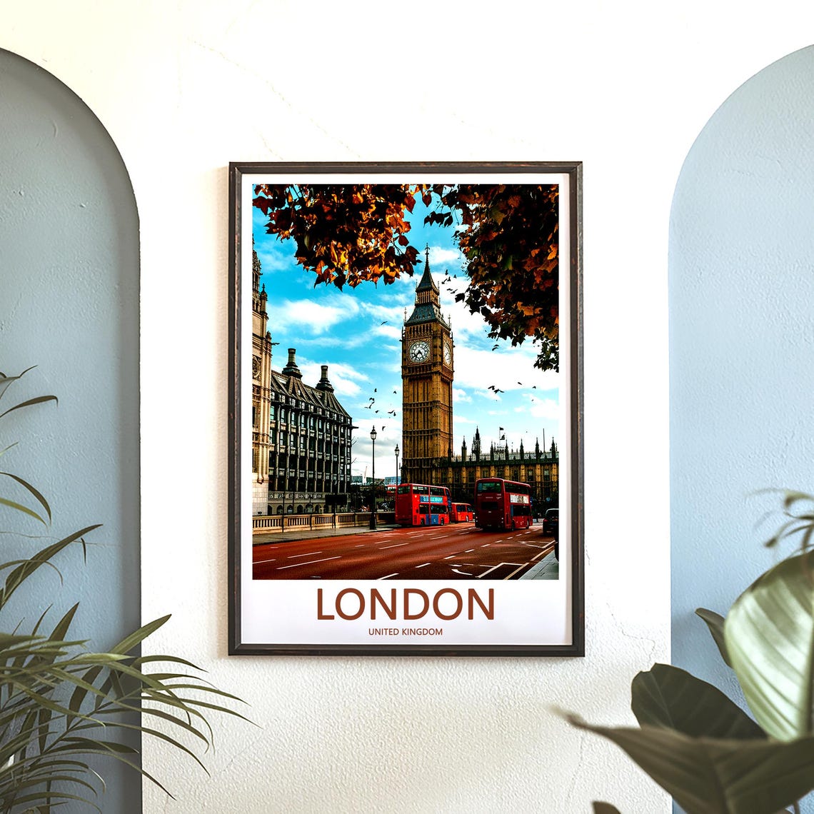 London Vibrant Big Ben City Street Beneath Autumn Leaves Poster - Image 3