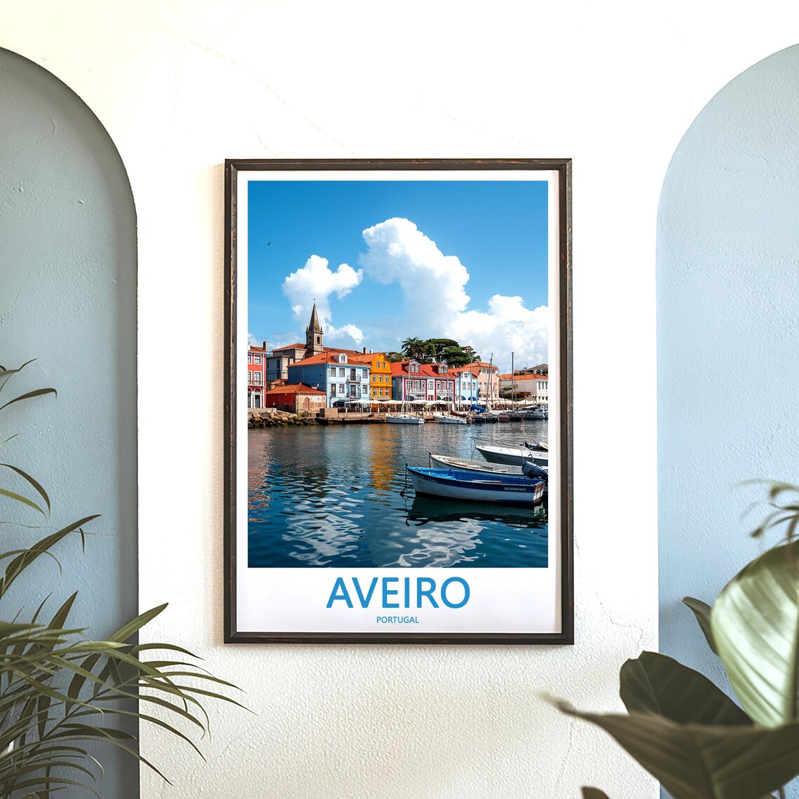 Aveiro Portugal Colorful Harbor Houses with Moored Boats Poster - Image 3