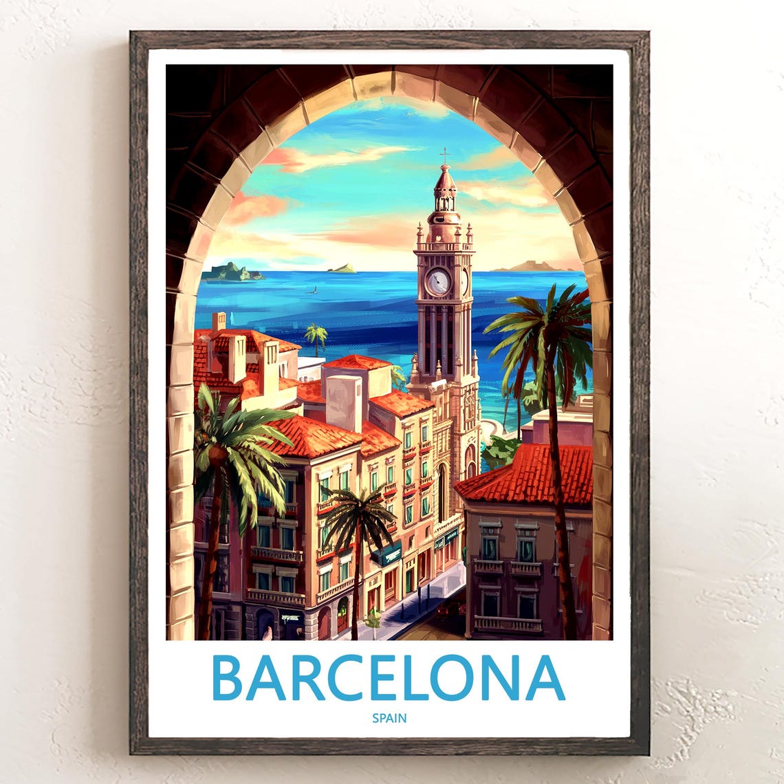 Barcelona Clock Tower Seen Through Stone Arch Illustration Poster