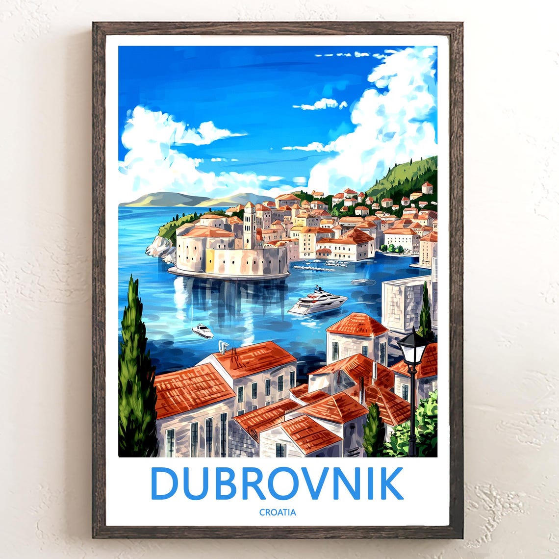Dubrovnik Harbor Yacht City Walls Illustration Blue Sky Travel Poster