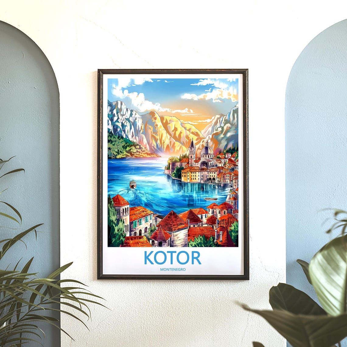 Kotor Montenegro Bay Golden Cliffs Waterfront Painted Travel Poster - Image 3