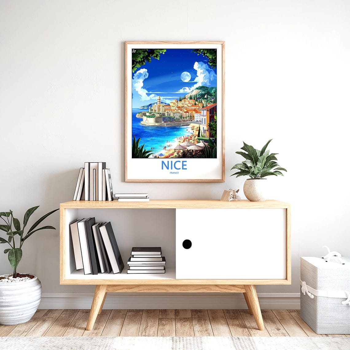 Nice France Moonlit Beach Umbrellas Seaside Travel Art Poster - Image 2