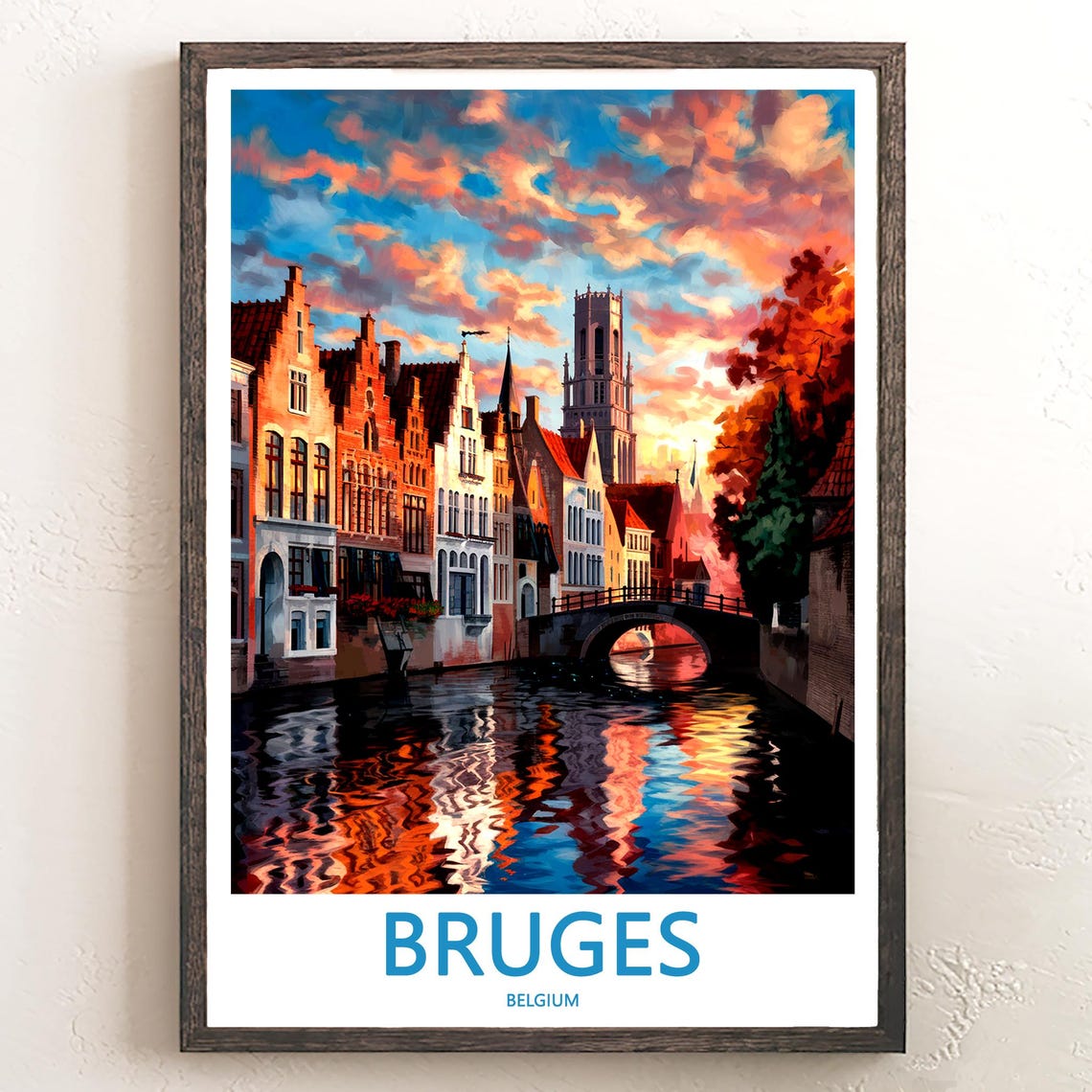 Bruges Belgium Sunset Canal Bridge With Glowing Clouds Poster