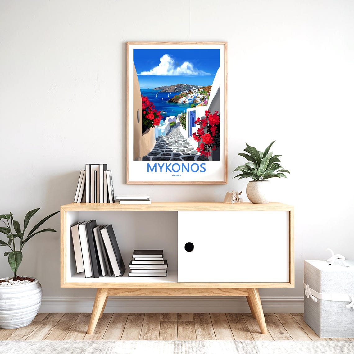 Mykonos Curved Alley To The Sea Red Flowers Greece Art Poster - Image 2