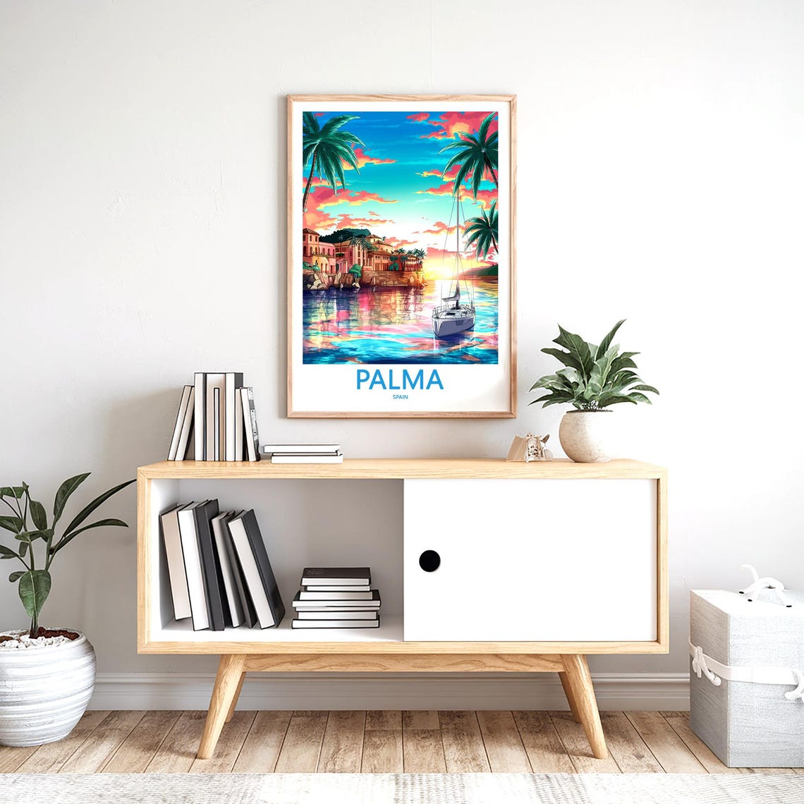 Palma Spain Harbor Sunset Sailboat Palm Trees Waterfront Poster - Image 2