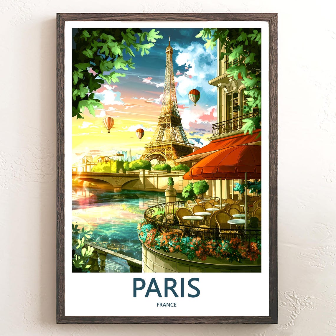 Eiffel Tower Riverside Cafe Hot Air Balloons Sunset Paris Poster