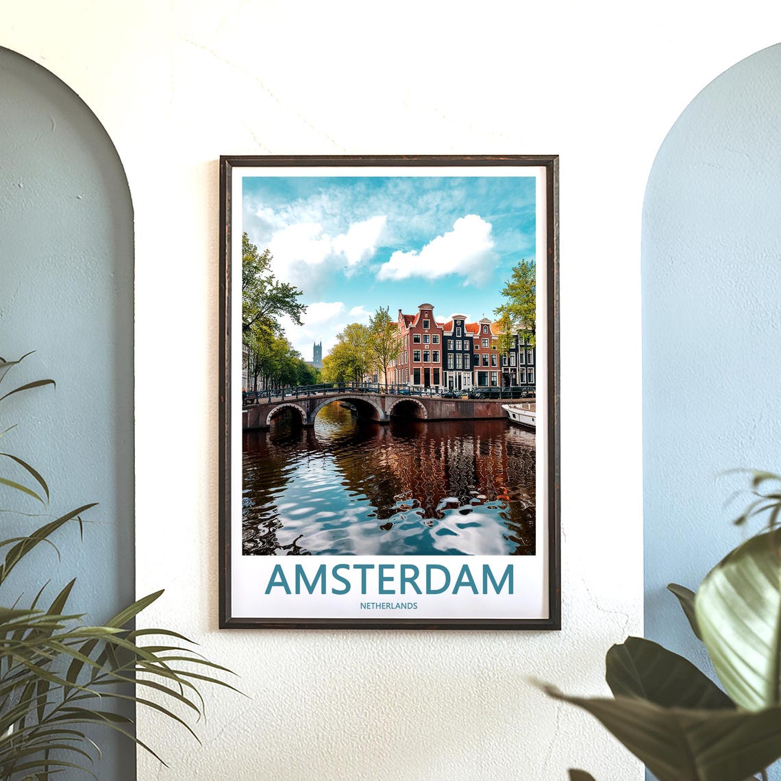 Amsterdam Photo of Triple Arch Stone Bridge Red Roofs and Boat Poster - Image 3