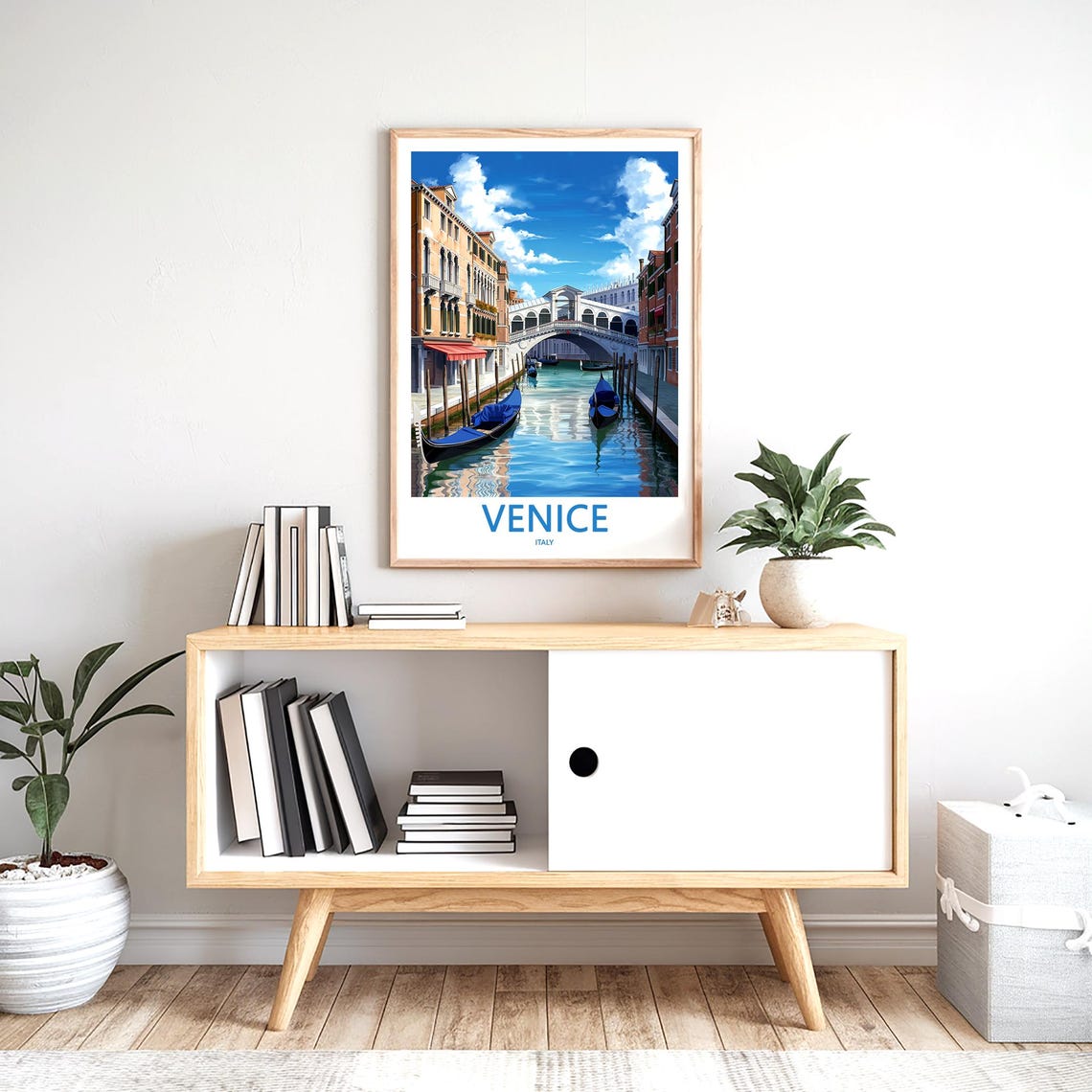 Venice Italy Illustrated Rialto Bridge With Blue Gondolas Poster - Image 2