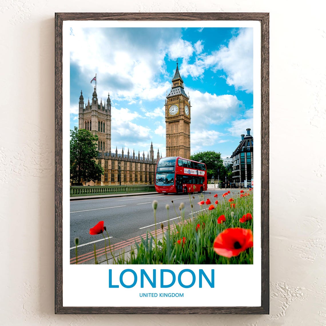 Big Ben Red Double Decker Bus Poppies on a Bright Day Photo Poster