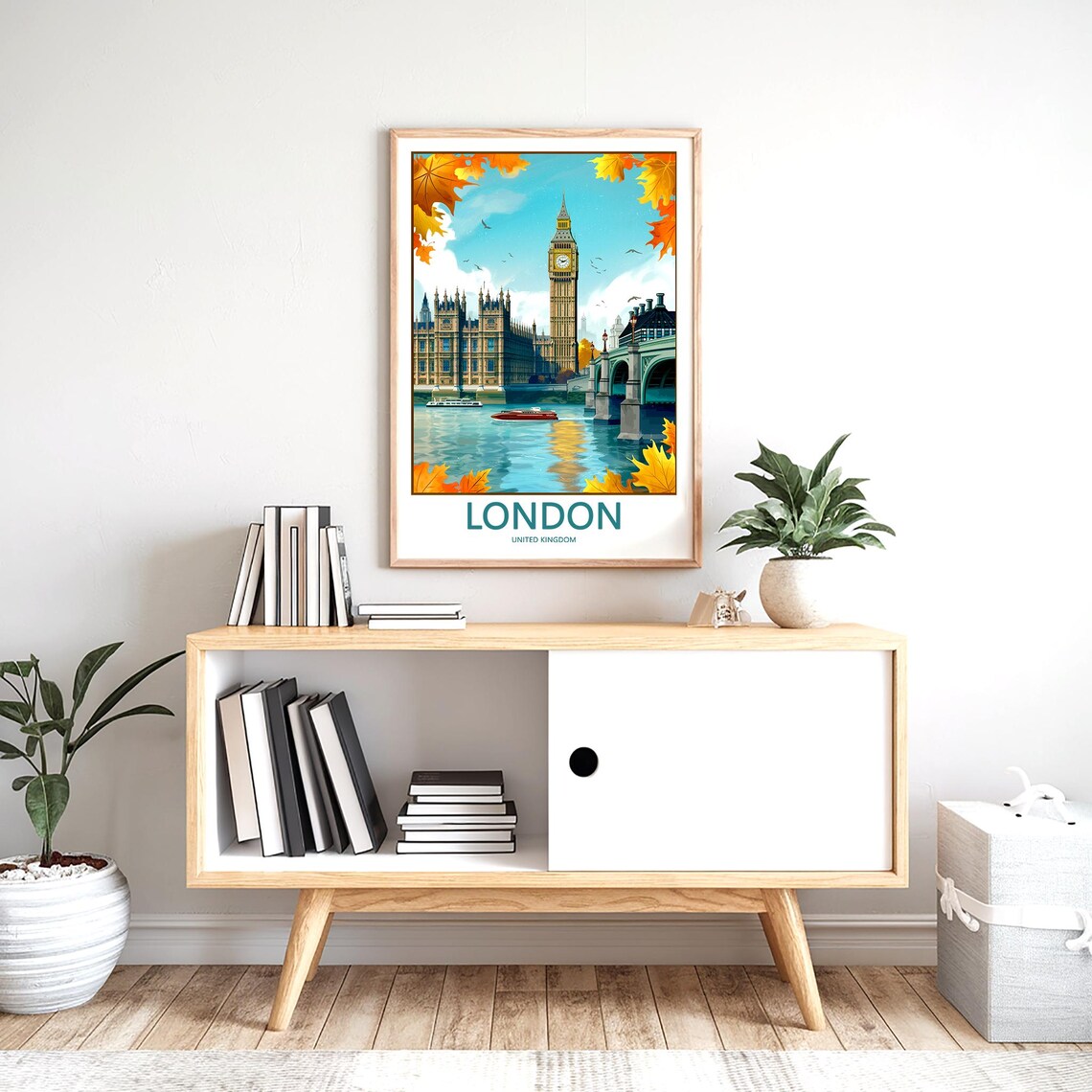 London Big Ben Autumn Maple Leaves Framing Thames Boats Poster - Image 2