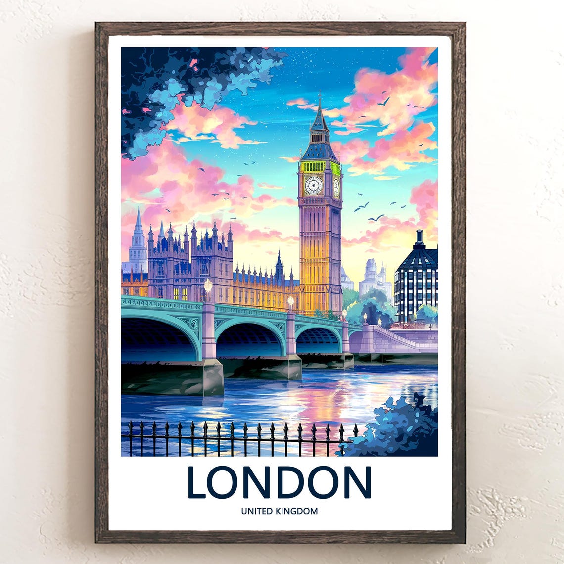 Big Ben at Sunset Under Pink and Orange Sunset Clouds Poster