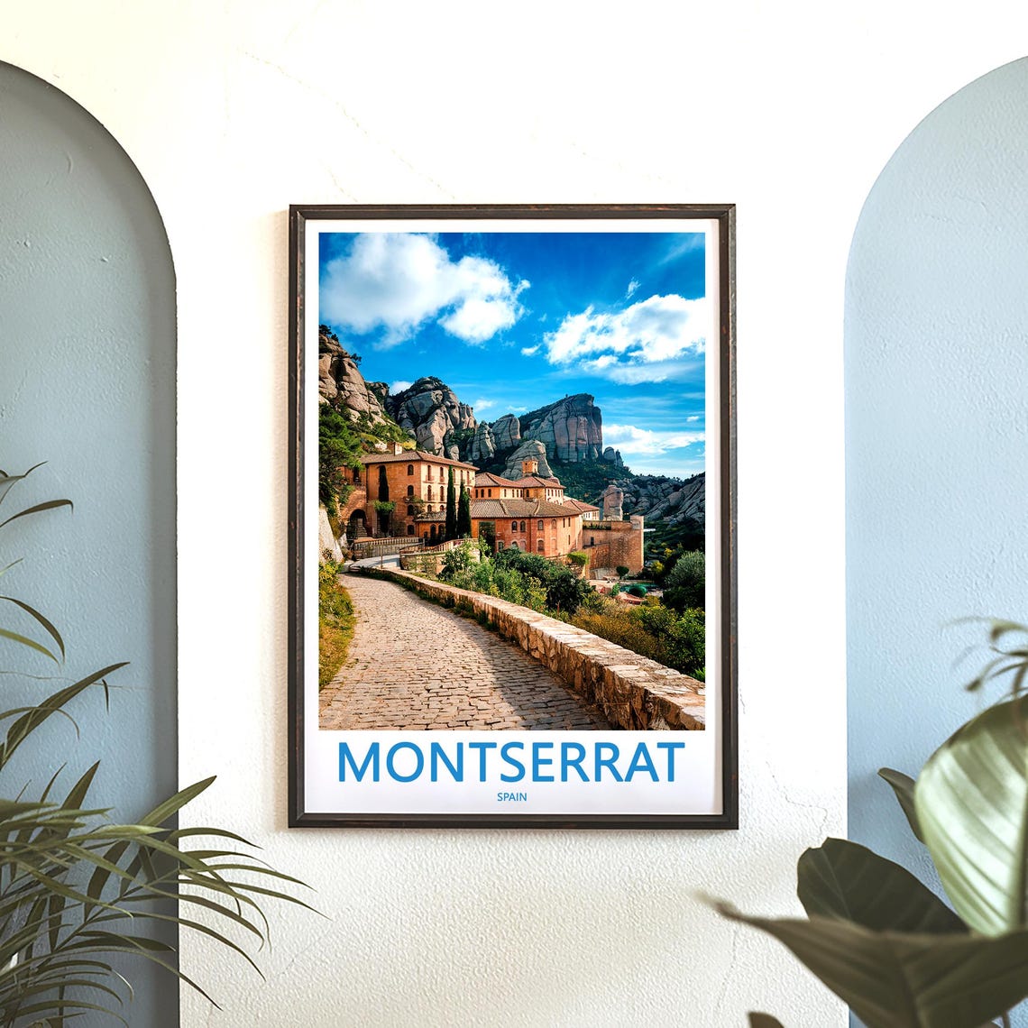 Montserrat Monastery Cobbled Path and Rock Peaks Travel Poster - Image 3