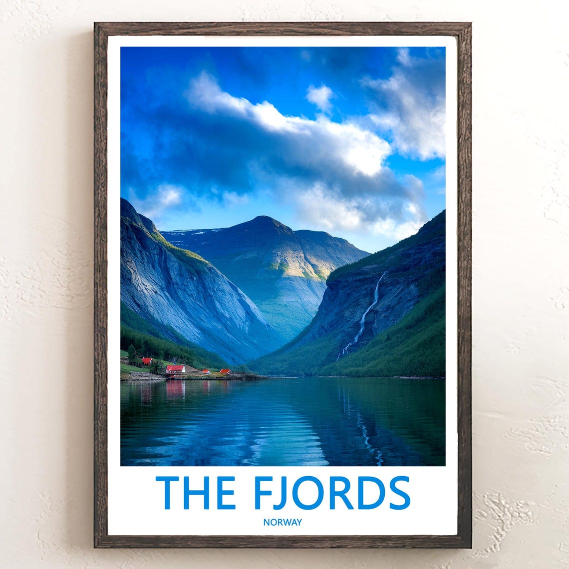 The Fjords Norway Waterfall Valley Red Cabins Photo Travel Poster