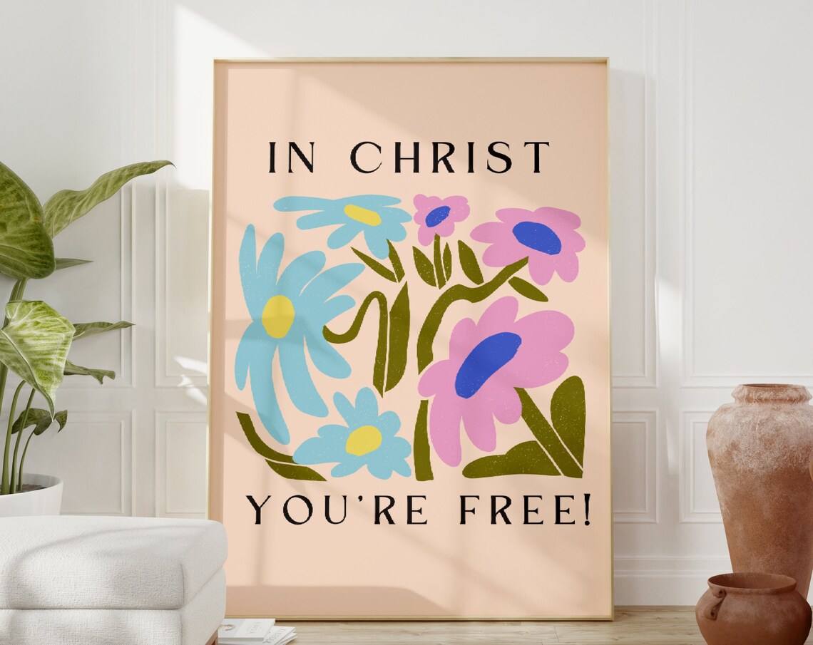 In Christ You're Free Floral Christian Pastel Quote Wall Poster - Image 2