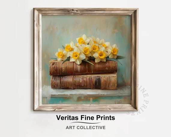 Vintage Daffodils and Antique Books, Cottagecore Art Print