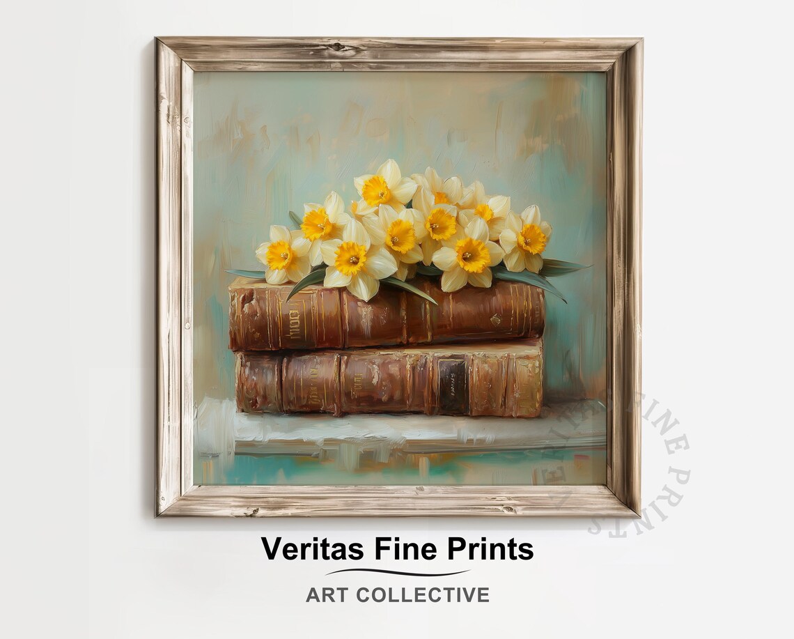Vintage Daffodils and Antique Books, Cottagecore Art Print