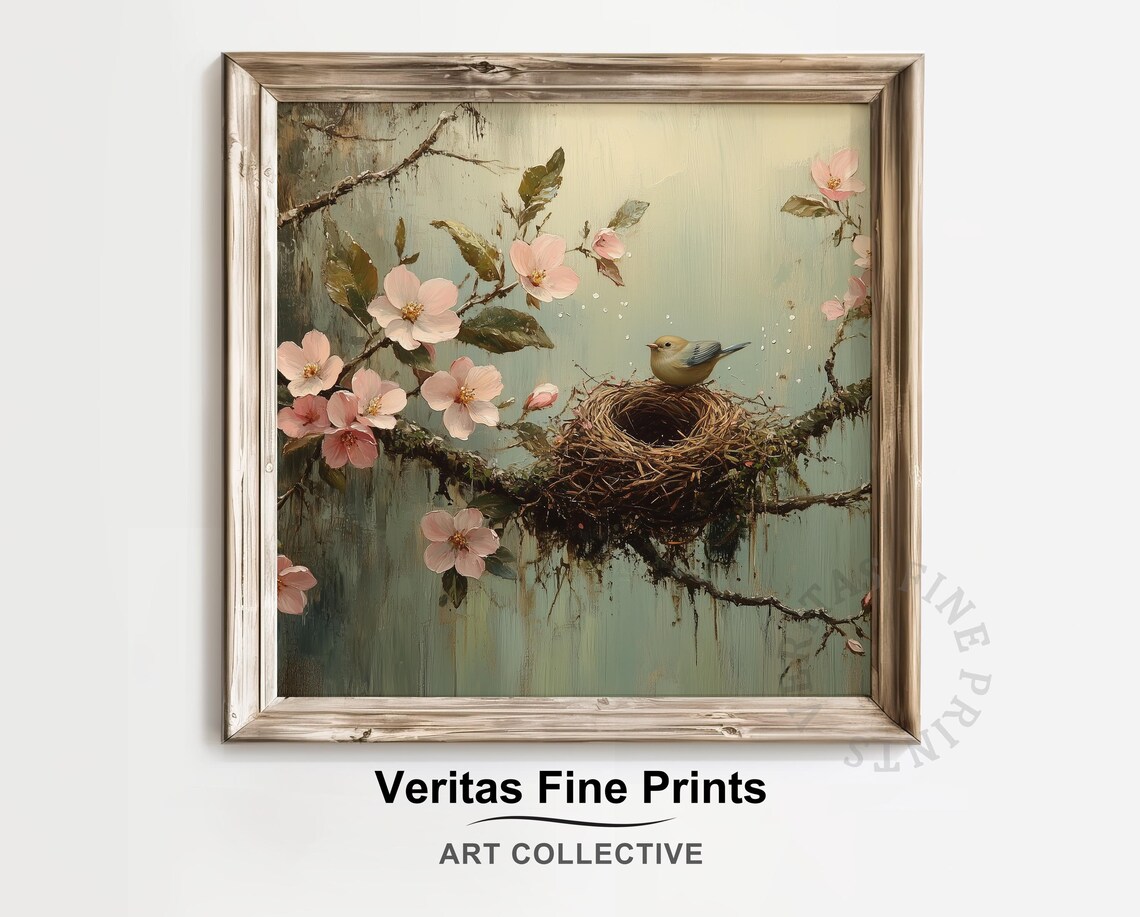 Spring Bird and Blossom Nest, Vintage Cottagecore Art Print