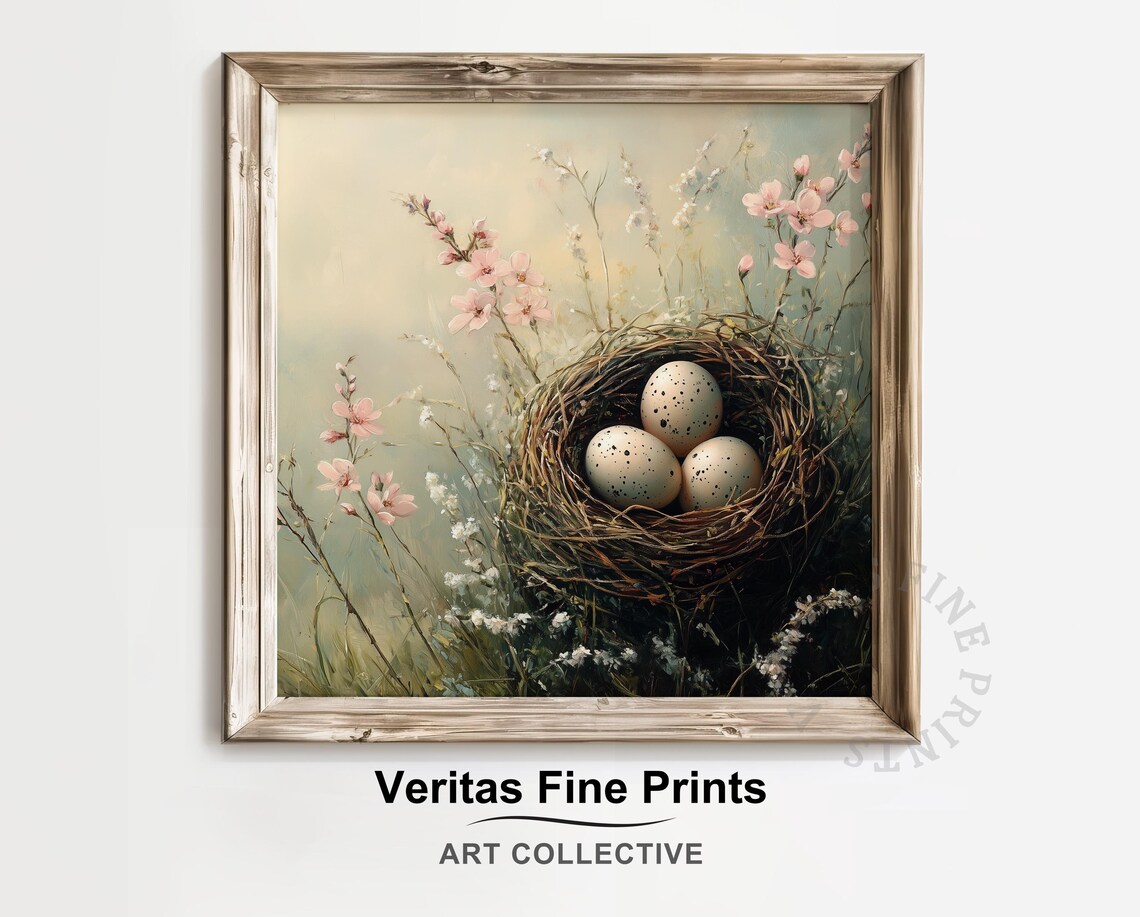 Spring Bird Nest With Eggs, Vintage Farmhouse Art Print