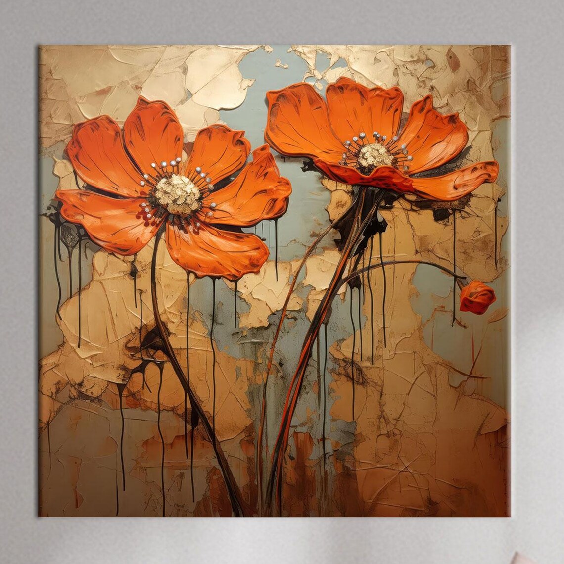 Textured Orange Flower Boho Botanical Art Print