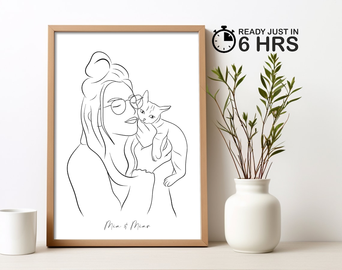Custom Woman with Small Dog Line Art Personalized Pet Portrait Poster