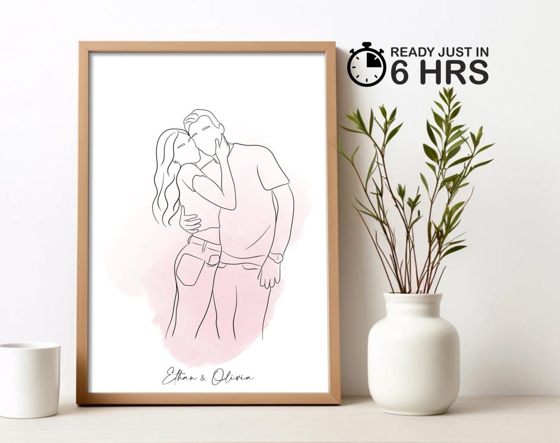 Custom Sweethearts Embrace Line Art Portrait Poster with Pink Glow