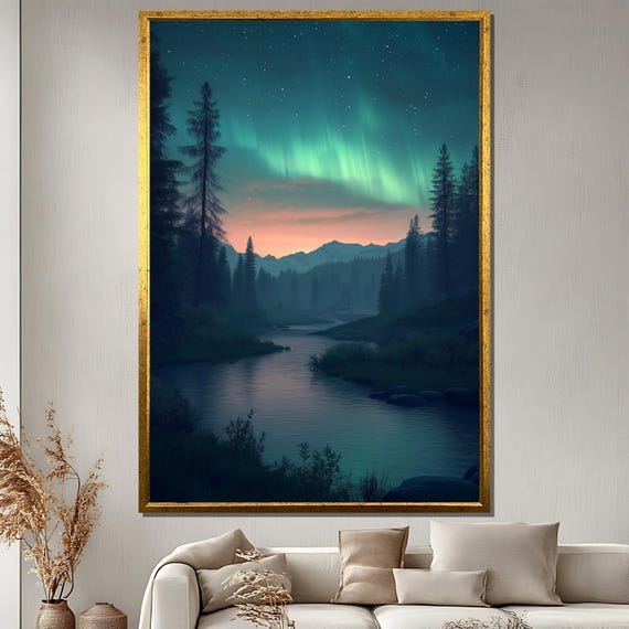 Northern Lights River Painting Mystical Night Sky Wall Art Dreamy Forest Landscape Print Celestial Nature Scene Large Home Gift