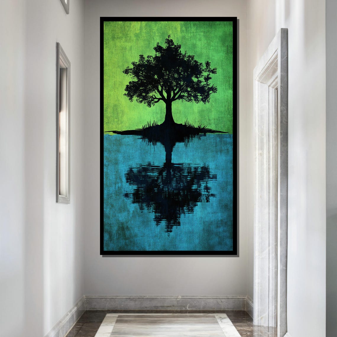 Tree Reflection Painting Minimalist Nature Wall Art Blue And Green Abstract Decor Unique Gift For Home - Image 2